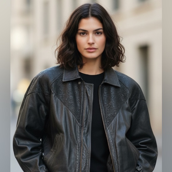 VINTAGE 80s Etched Black Leather Jacket - Picture 1 of 7